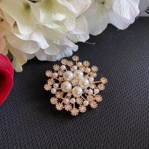 Women's Brooch pin with beautiful Pearls and Crystals in Snow Flake Shape.(2" Di